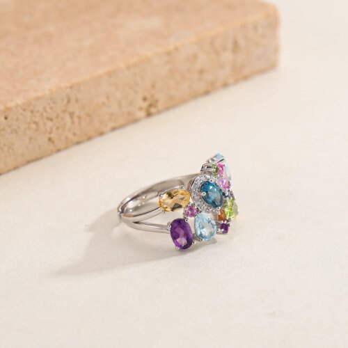 21759-34157f.jpg Multicolor Natural Citrine, Amethyst, Peridot, and Topaz Adjustable Sterling Silver Cocktail Ring