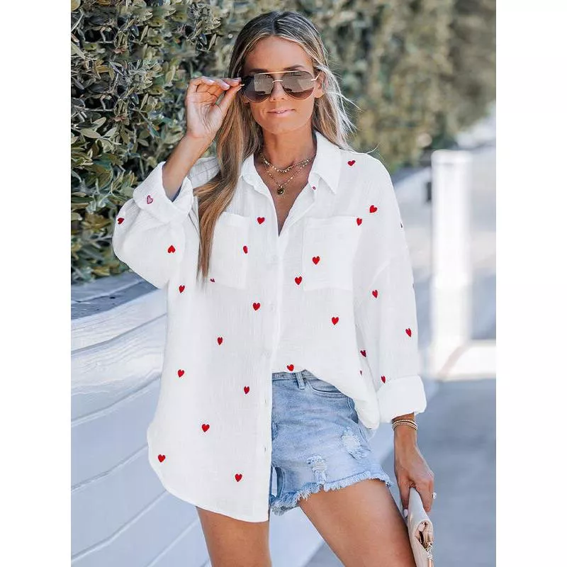 Cotton Embroidered Heart Long Sleeve Blouse