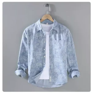 Casual Men's Cashew Printed Denim Shirt
