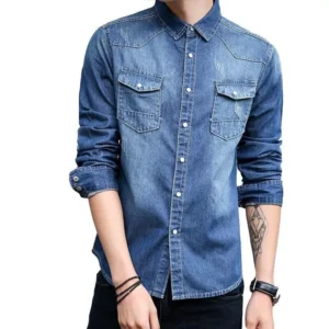Korean Slim Fit Denim Shirt - Men's Stylish Long Sleeve Casual Coat