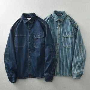 Men's Retro Heavyweight Denim Striped Shirt Jacket