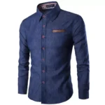 Men's Cotton Denim Casual Shirt with Plaid Cuffs