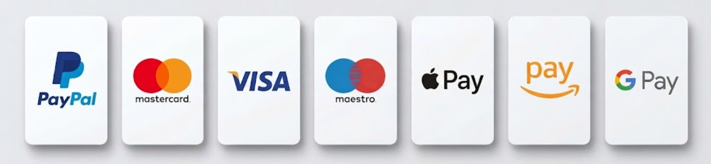 Accepted payment methods: PayPal, Mastercard, Visa, Maestro, Apple Pay, Amazon Pay, Google Pay