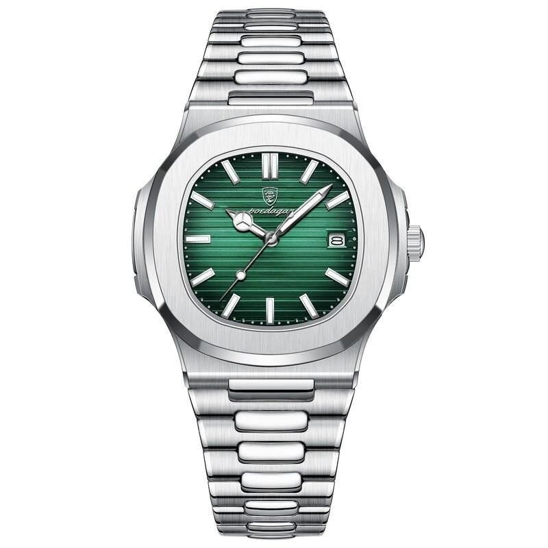 Elite Square Dial Stainless Steel Men's Watch with Luminous Hands & Calendar - Image 3