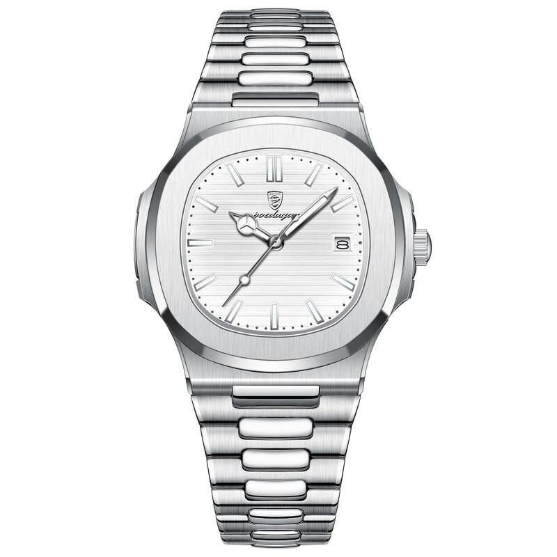 Elite Square Dial Stainless Steel Men's Watch with Luminous Hands & Calendar - Image 4
