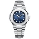 Elite Square Dial Stainless Steel Men's Watch with Luminous Hands & Calendar