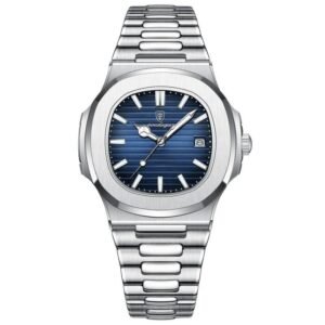 Elite Square Dial Stainless Steel Men's Watch with Luminous Hands & Calendar