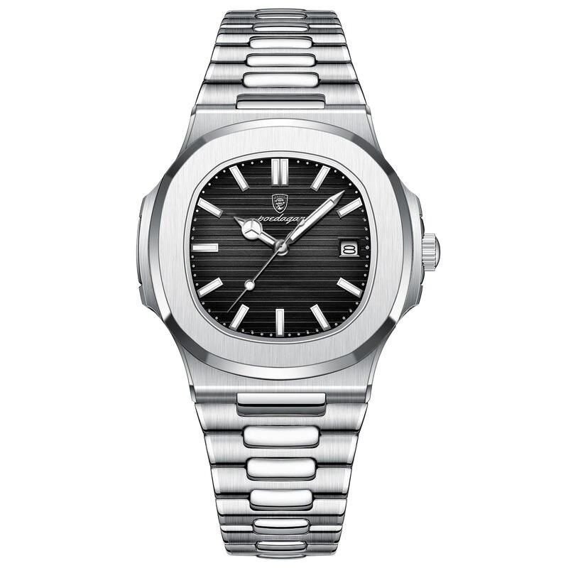 Elite Square Dial Stainless Steel Men's Watch with Luminous Hands & Calendar - Image 5