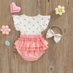 Buy Pink Heart Pattern Baby Girl Romper & Bow Knot Headdress Set (0-18M) Online | Jogoka
