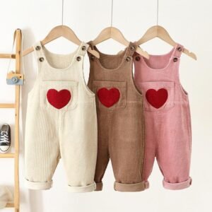 Kids Spring Corduroy Suspender Overalls with Heart Embroidery