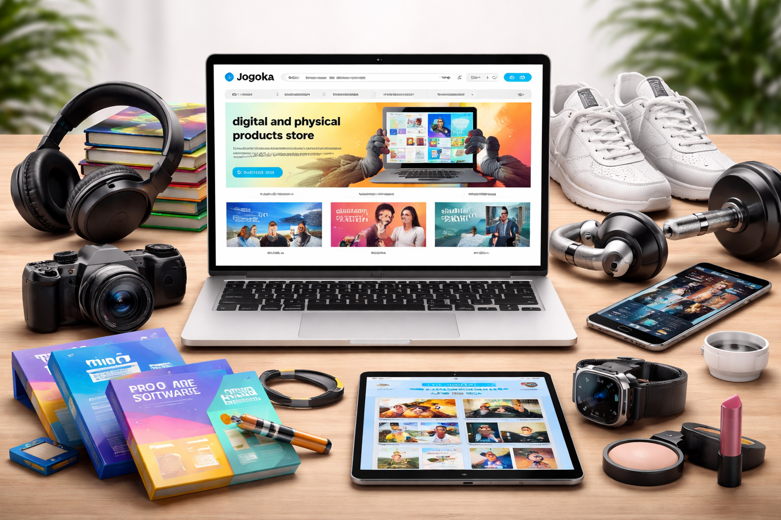 Digital and physical products online store showcasing laptops, electronics, fashion items, fitness gear, and digital downloads in a modern e-commerce setting for Jogoka.