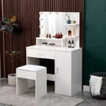 Modern White Vanity Makeup Table Set with Lighted Mirror and Storage