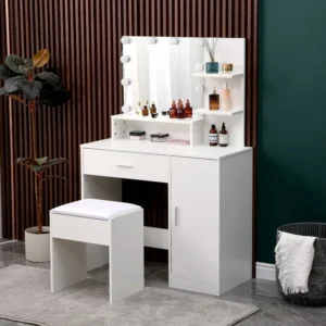 Buy Modern White Vanity Makeup Table Set with Lighted Mirror and Storage Online | Jogoka