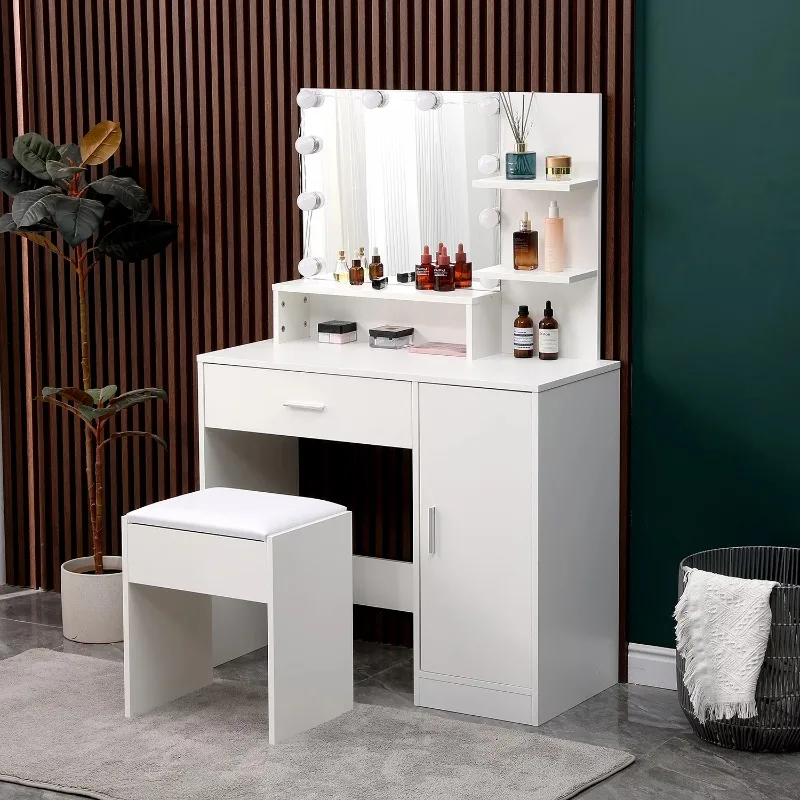 Modern White Vanity Makeup Table Set with Lighted Mirror and Storage
