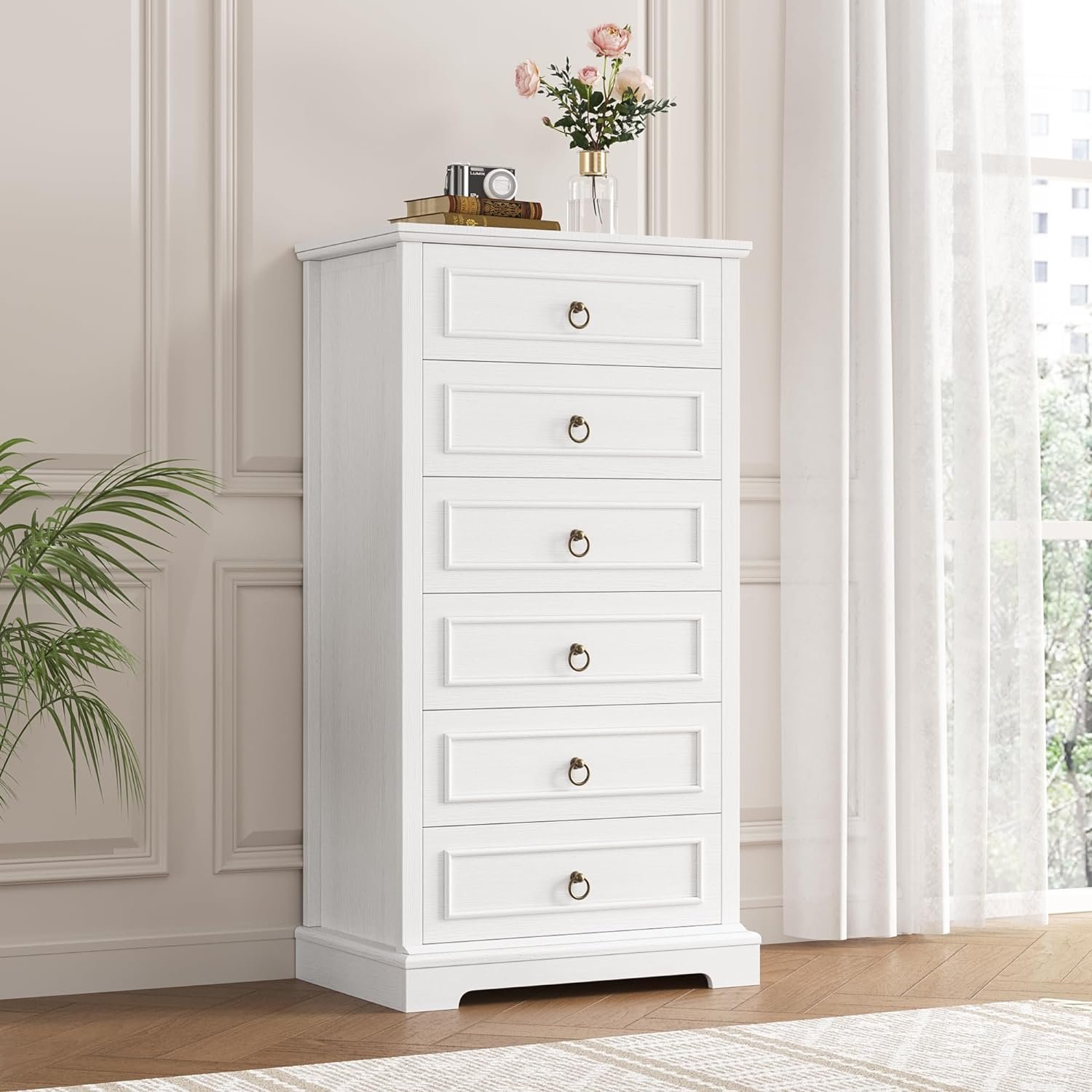 Modern Farmhouse 6-Drawer Tall Dresser - Storage Organizer for Living Room, Hallway, Entryway, Home Office