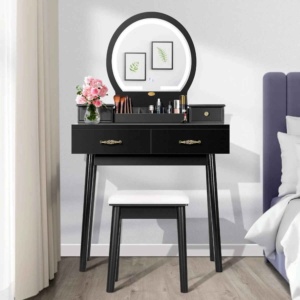 Modern Vanity Set with 3-Color Lighted Mirror and Spacious Drawers