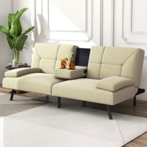 Buy Convertible Linen Fabric Lounge Couch with Cup Holders Online | Jogoka