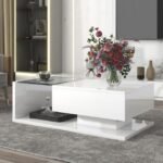 Modern Minimalist Coffee Table with Tempered Glass Top and High-Gloss Wooden Base