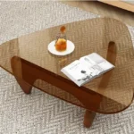Minimalist Modern Glass Coffee Table with Solid Wood Legs