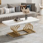 Elegant Faux Marble Coffee Table with Geometric Gold Frame