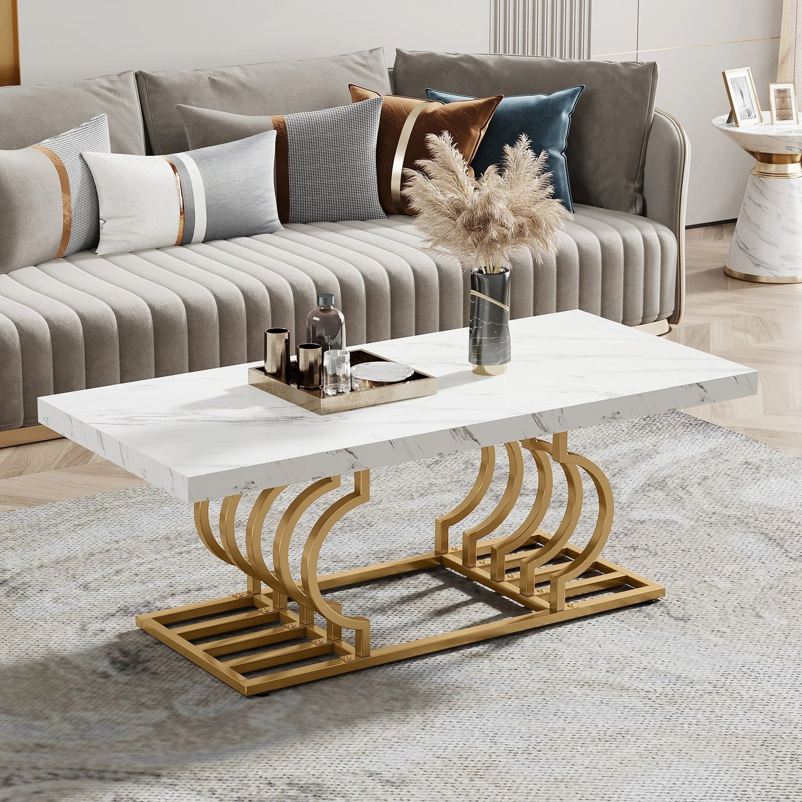 Elegant Faux Marble Coffee Table with Geometric Gold Frame