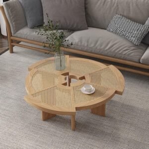 Buy Minimalist Modern Ash Wood Rattan Coffee Table - Round Low Sofa Side Table Online | Jogoka
