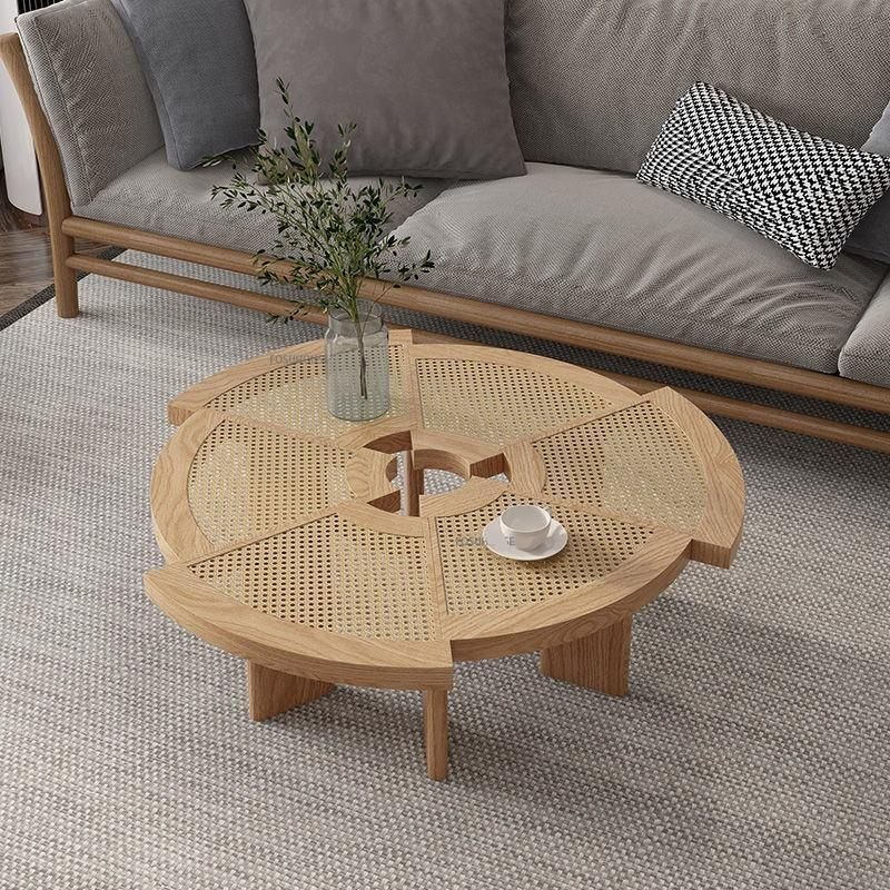 Minimalist Modern Ash Wood Rattan Coffee Table - Round Low Sofa Side Table