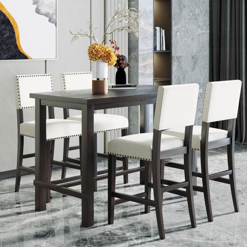 Elegant Espresso 5-Piece Counter Height Dining Set with Beige Chairs