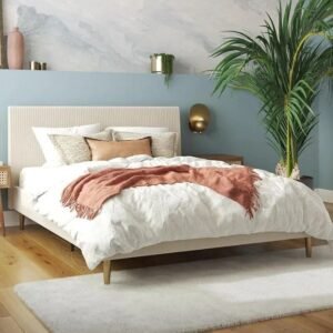 Buy Velvet Upholstered Queen Bed with Modern Platform and Headboard - Ivory Online | Jogoka