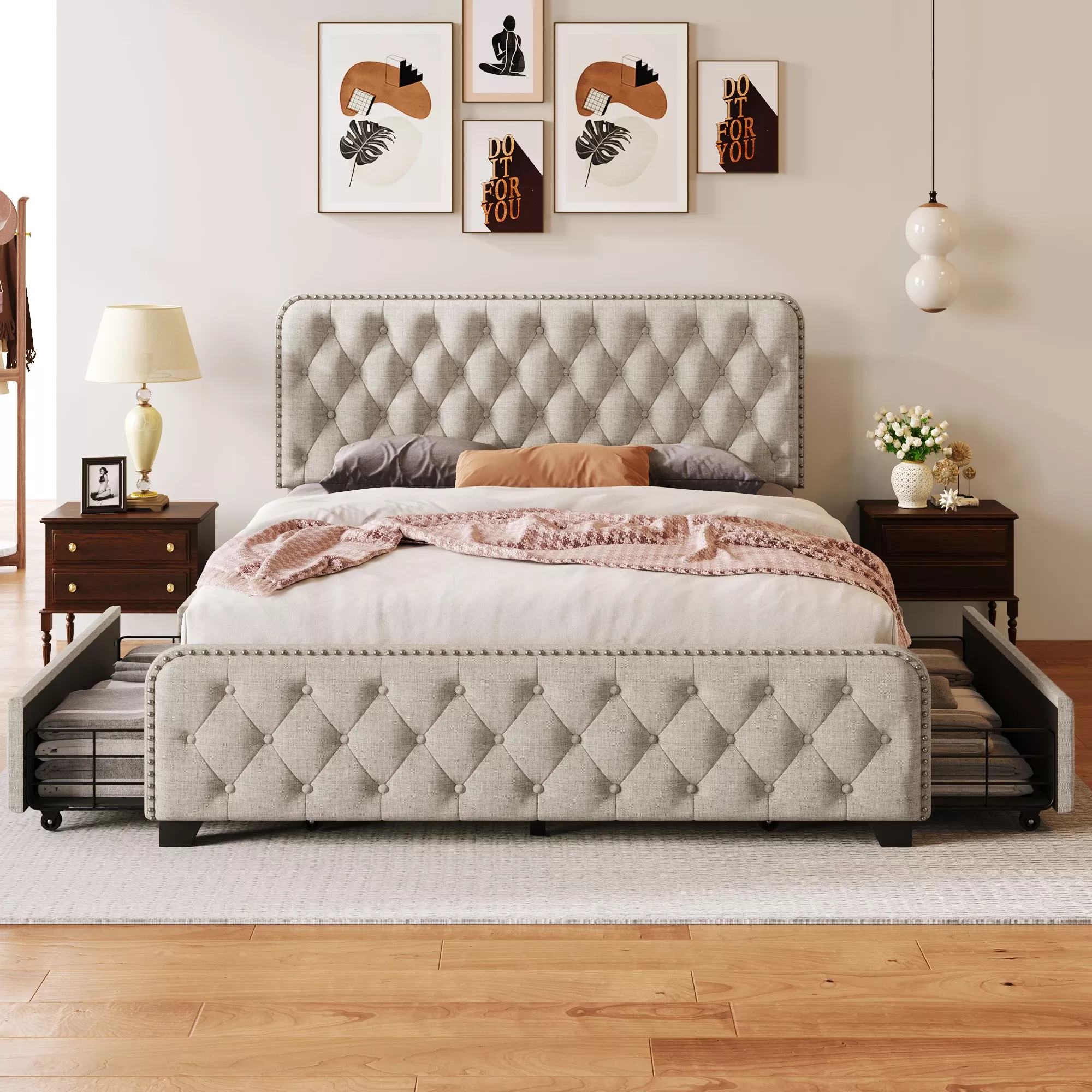 Buy Upholstered Platform Bed with Storage Drawers Online | Jogoka