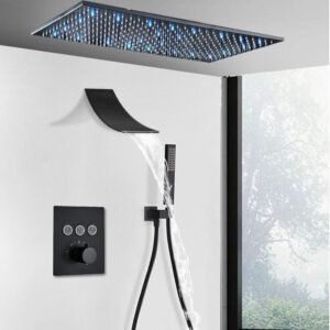 Buy Luxury Black LED Thermostatic Shower Faucet Large Rain Waterfall Shower System Online | Jogoka
