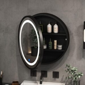 Buy Modern Oval LED Illuminated Wooden Mirror Cabinet - Smart Bathroom Storage Solution Online | Jogoka