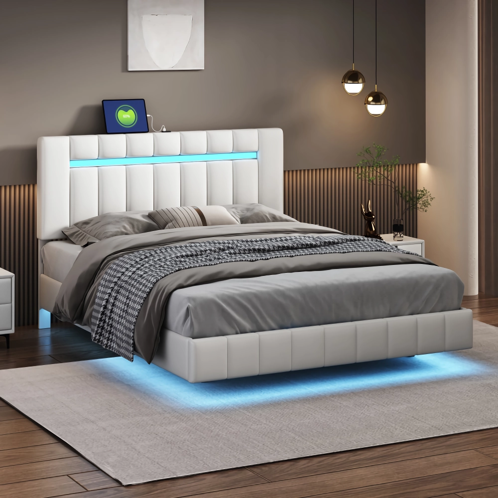 Queen Size LED Upholstered Platform Bed Frame with USB Charging