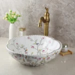 Elegant Petal Shaped Ceramic Vessel Sink with Antique Brass Faucet