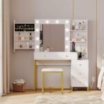 Modern White and Gold Bedroom Vanity Set with LED Light Mirror and Multi-Storage Options