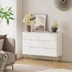 Modern 6-Drawer Dresser with Metal Legs and Gold Pulls