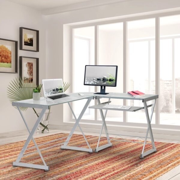 Buy Modern L-Shaped Tempered Glass Computer Desk with Steel Frame and Pull-Out Keyboard Tray Online | Jogoka