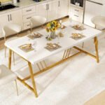 Modern Rectangular Dining Table with Faux Marble Top and Gold Metal Legs