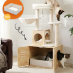Luxury Wood Cat Tower with Condo, Scratching Posts & Foldable Litter Box