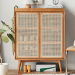 Large Capacity White Oak & Rattan Woven Shoe Cabinet