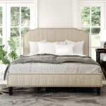 Modern Linen Upholstered Platform Bed with Nailhead Trim