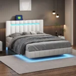 Queen Size LED Upholstered Platform Bed Frame with USB Charging