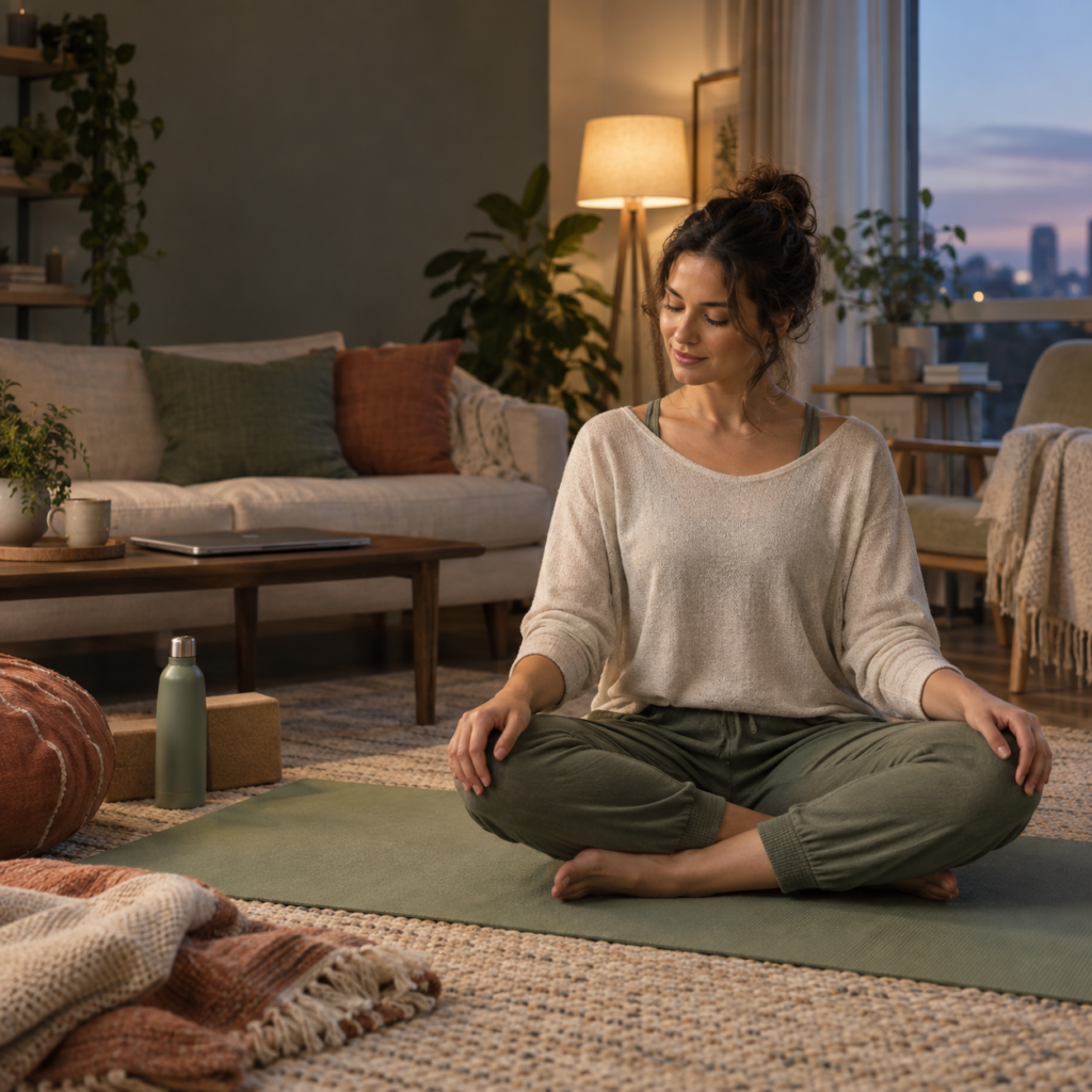 30-minute yoga stress relief in a warm living room