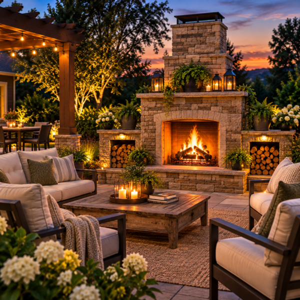 Completed backyard stone outdoor fireplace at dusk with cozy seating, string lights, and firewood storage