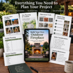 Build Your Own Outdoor Fireplace guide interior pages arranged around a tablet showing design ideas, site planning, budgeting, and construction steps