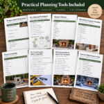 Printable planning worksheets from the guide spread on a desk, including budget planner, site planning, and materials checklist