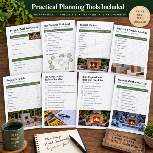 Printable planning worksheets from the guide spread on a desk, including budget planner, site planning, and materials checklist