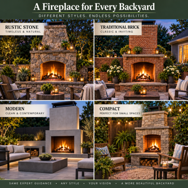 Four outdoor fireplace styles compared: rustic stone, traditional brick, modern minimalist, and compact backyard designs