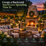 Finished backyard outdoor fireplace scene at dusk with seating, landscape lighting, and entertaining area