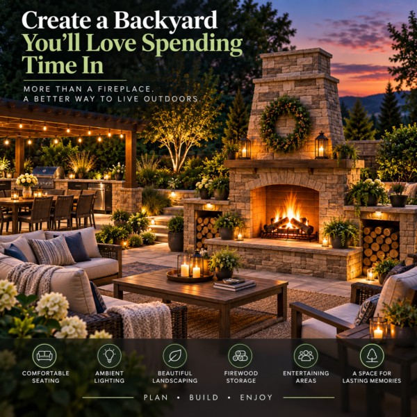 Finished backyard outdoor fireplace scene at dusk with seating, landscape lighting, and entertaining area